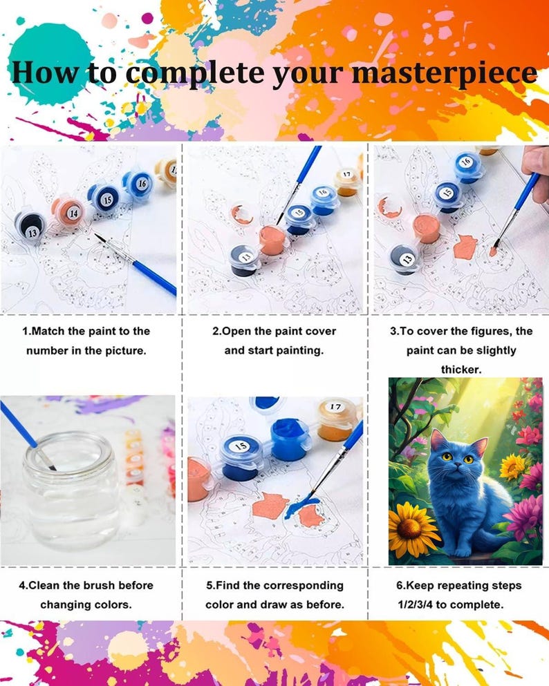 May include: A step-by-step guide for a paint-by-numbers kit. The image shows paint pots, brushes, and a finished painting of a blue cat. Text reads: "How to complete your masterpiece" and instructions for painting.