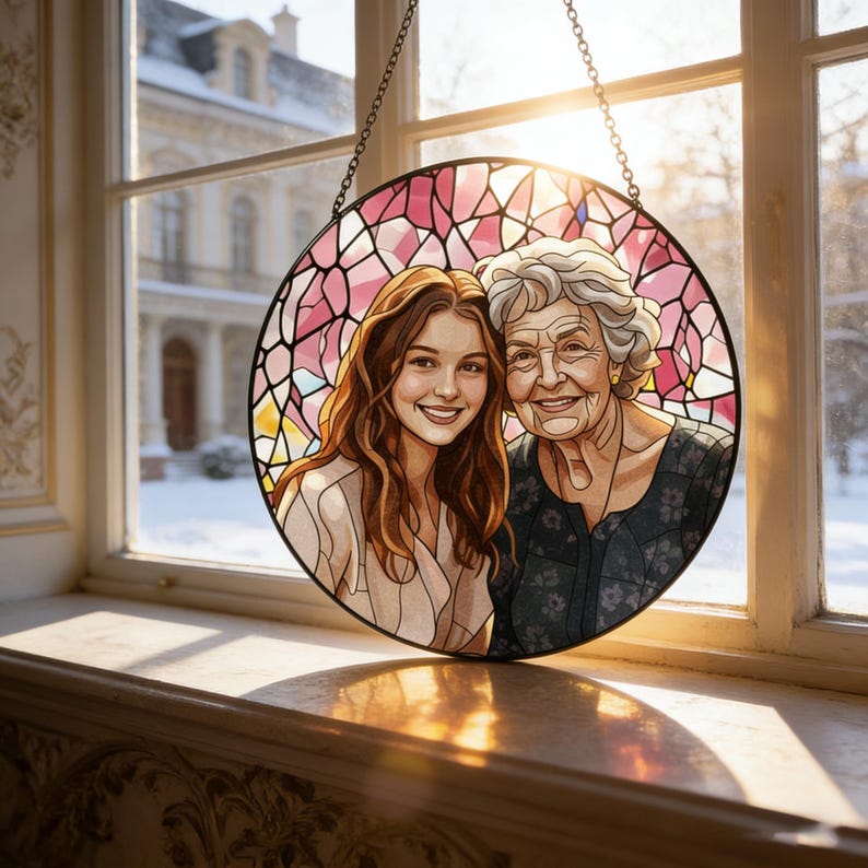May include: A round stained glass art piece featuring two smiling women, set against a pink and white background. The artwork is framed in black and hangs in front of a window with a snowy outdoor scene.