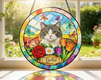 Custom Stained Glass Pet Memorial Art, Custom Cat Portrait Stained Glass Suncatcher, Cat Memorial Suncatcher, Pet Memorial Gift