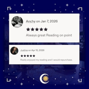 May include: Image featuring two customer reviews with five-star ratings. The first review, from Anchy, states "Always great Reading on point." The second review, from Justine, says "Really enjoyed my reading and I would repurchase."
