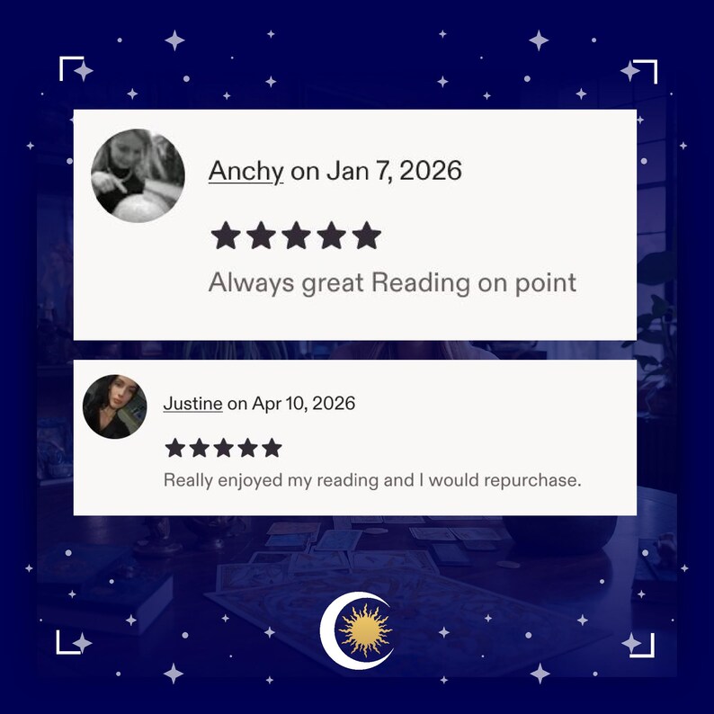 May include: Image featuring two customer reviews with five-star ratings. The first review, from Anchy, states "Always great Reading on point." The second review, from Justine, says "Really enjoyed my reading and I would repurchase."