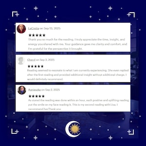 May include: A digital image featuring three customer reviews with five-star ratings. The reviews are from LaCretia, Cheryl, and Agnieszka, dated September 2025. The background is a dark blue with a crescent moon and star design.