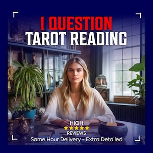 Peut inclure: Une femme est assise à une table avec des cartes de tarot, une bougie et des plantes. Le texte "I QUESTION TAROT READING" est en haut. En dessous, le texte indique "HIGH REVIEWS" et "Same Hour Delivery - Extra Detailed."