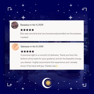 May include: A dark blue background with white stars and a crescent moon with a sun design. Two white rectangular boxes contain customer reviews with star ratings and text. The reviews are dated April 8 and 9, 2026.