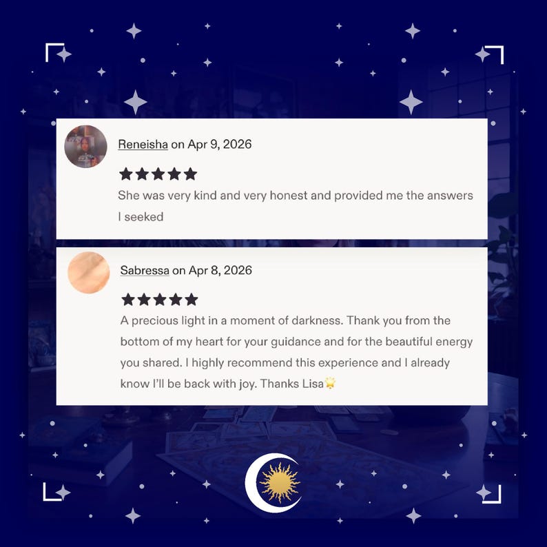 May include: A dark blue background with white stars and a crescent moon with a sun design. Two white rectangular boxes contain customer reviews with star ratings and text. The reviews are dated April 8 and 9, 2026.
