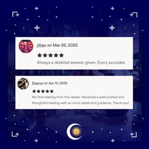 May include: A dark blue background with white stars and a crescent moon with a sun design. Two customer reviews are displayed, each with a photo, date, and five-star rating. The reviews praise the reader's detailed and accurate answers.