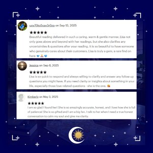 May include: Digital image showing three customer reviews, each with five stars, against a dark blue backdrop. The reviews highlight the service's accuracy and clarity, with a crescent moon and sun logo at the bottom.