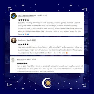 May include: A digital image featuring three customer reviews with five-star ratings. The reviews are displayed on a dark blue background with a crescent moon and sun logo. The reviews praise the service's accuracy and clarity.