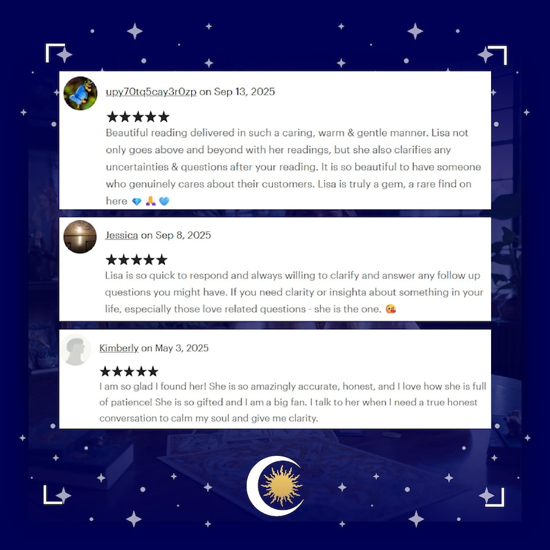 May include: A digital image featuring three customer reviews with five-star ratings. The reviews are displayed on a dark blue background with a crescent moon and sun logo. The reviews praise the service's accuracy and clarity.