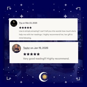 May include: A dark blue image with white stars and a crescent moon design, featuring two customer reviews. The reviews are in white boxes, with text and star ratings. One review is from "The" and the other is from "Taylor".