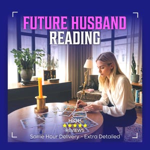 Può includere: Immagine che promuove un servizio di "Lettura del futuro marito". Una donna è seduta a un tavolo rotondo, circondata da carte dei tarocchi. Il testo "Future Husband Reading" è visualizzato in rosa e bianco. L'immagine include anche il testo "High Reviews" e "Same Hour Delivery - Extra Detailed."