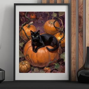 Black Cat Pumpkin Poster, Halloween Poster Print, Fall Autumn Decor, Witch Cat , Spooky Season Art, DIGITAL DOWNLOAD, Witchy Black Cat Art