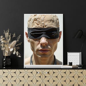 Blindfolded Figure Poster, Conceptual Art Print, Modern Wall Decor, Abstract Portrait Art, Digital Download Artwork, Unique Home Decor