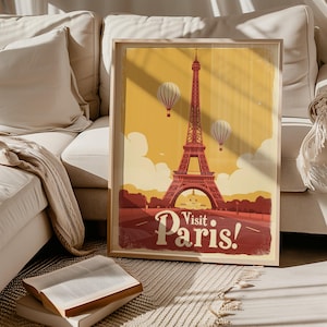 Eiffel Tower Art Paris Poster France Print Travel Hot Air Balloons French Souvenir City of Love Digital Download Wall Decor Vintage Style