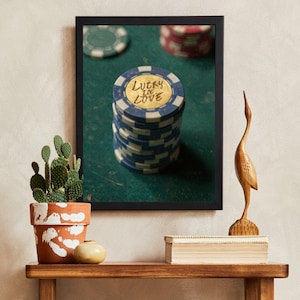 Lucky in Love Poker Chips Poster, Casino Wall Decor, Gambling Print, Love Luck Art, Poker Room Art, Game Room Decor, Vintage Style Print