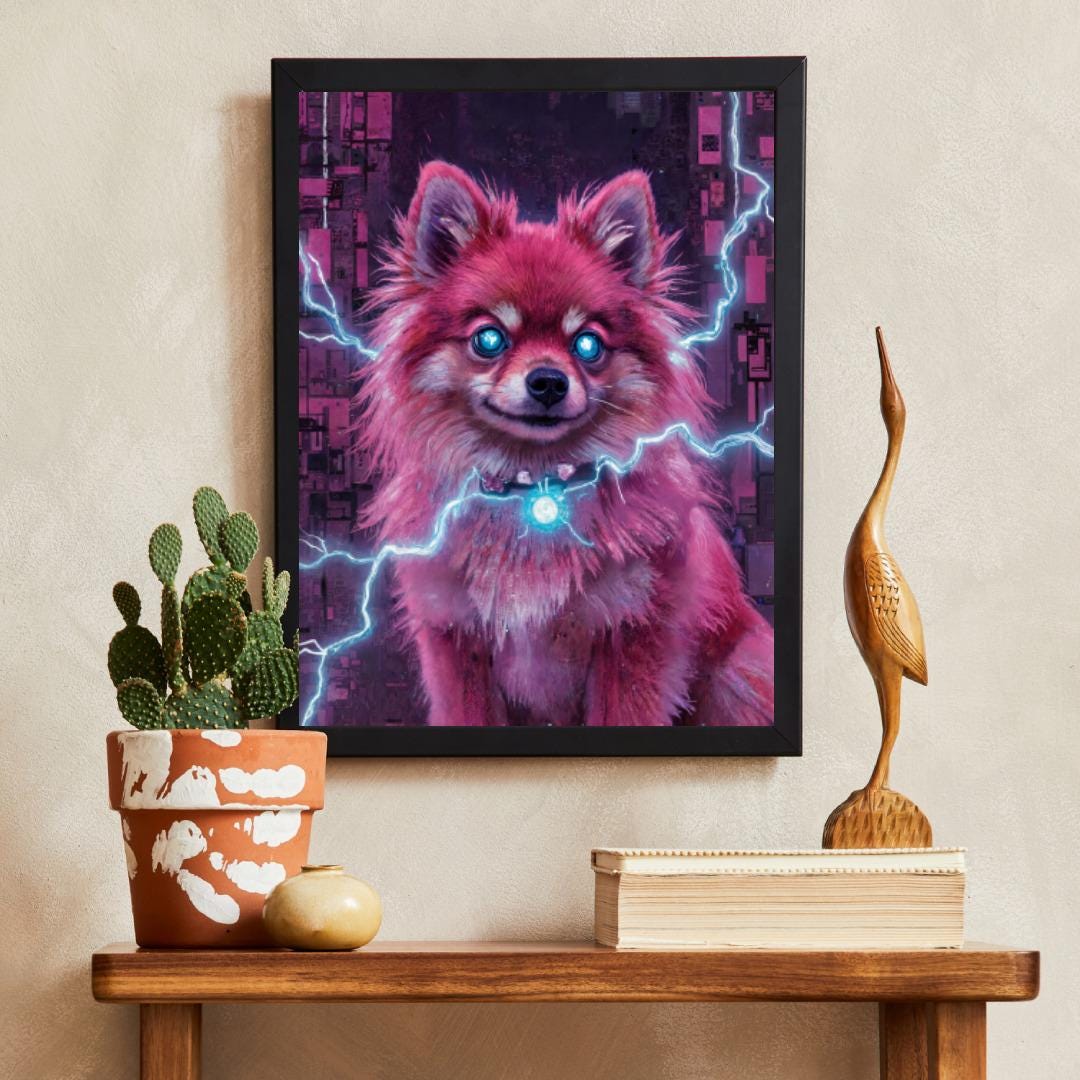 Cyberpunk Pomeranian Dog Poster, Futuristic Pet Art Print, Neon Dog ...
