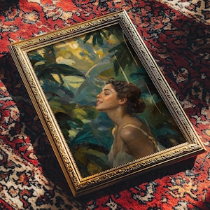 Joyful Woman in Nature Poster, Tranquil Female Portrait Wall Art, Serene Garden Painting Home Decor, Calming Greenery Artwork