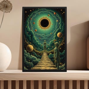 Surreal cosmic dreamscape poster, trippy mystic wall art, celestial fantasy decor, outer space surrealism print, spiritual journey poster