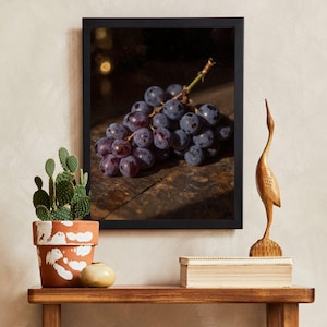 Fresh Grapes Poster, Fruit Still Life, Kitchen Decor, Fine Art Print, Moody Food Photography, Vineyard Harvest, Rustic Wall Art