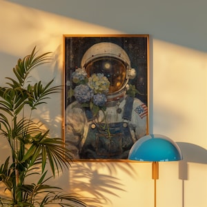 Astronaut with Flowers Poster, Vintage Astronaut Art, Space Exploration Wall Decor, Floral and Space Hybrid Art Print, Unique Home Decor