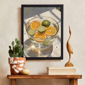 Citrus Still Life Poster, Orange and Lime Art Print, Kitchen Wall Decor, Fruit Bowl Poster, Modern Home Art, Refreshing Colors, Bright Art