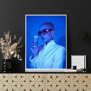 Cyberpunk Woman Poster, Neon Blue Portrait Art Print, Modern Wall Decor, Cool Girl Aesthetic, Futuristic Fashion Poster