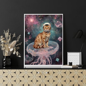 Katze Astronaut Poster, Galaxie Katze Kunst, rote Katze im Weltraum, Weltraum Qualle, niedlicher Tierdruck, lustige Wandkunst, einzigartiges Poster