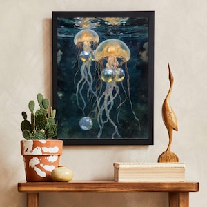 Jellyfish Art Print | Glowing Ocean Poster | Ethereal Sea Life Decor | Underwater Wall Art | Marine Biology Gift | Digital Download