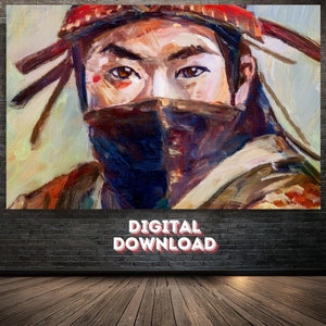 Samurai Impasto Painting | Wydruk obrazu olejnego | Wydrukowany portret samuraja | Wydrukowana sztuka ścienna | Wystrój domu w stylu vintage | Dekoracja ścienna wózka barowego