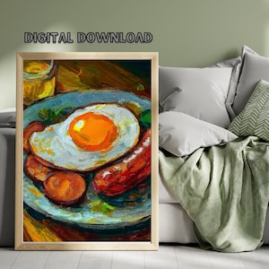 目玉焼きのインパスト絵画 油絵プリント | ヴィンテージ キッチン デコレーション | 食べ物のプリント可能なウォール アート