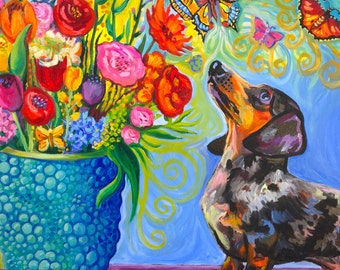 Dapple Dashchund, fantaisie fleurs et Sparrow par Gena Semenov / Limited Edition Print