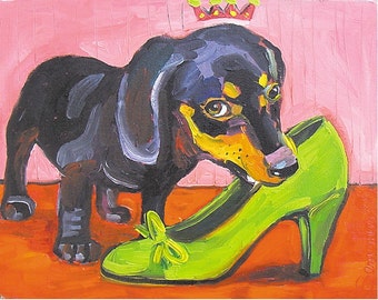 Dachshund Puppy and a Lime Shoe Art Print by Gena Semenov - FREE Shipping USA