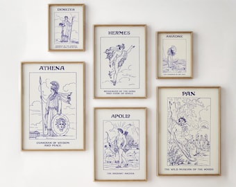 Set of 6 Ancient Gods & Goddesses Posters | Printable Digital Download | Greek Mythology Wall Art Set | Minimalist Home Decor | Athena, Pan