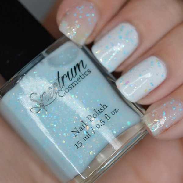 White Nail Polish with Iridescent and Blue Glitter SNOW BUNNY
