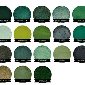 May include: A collection of 18 eyeshadows in various shades of green, including Brunswick, Chemical X, Envy, Jade Emperor, Oscar, Spearmint, Harlequin, Wicked, Spruce, Green Man, Druid, Forgotten Lore, Sea Horse, Jaded, Forestry, Dipped in Folly, Sage, and Emerald.