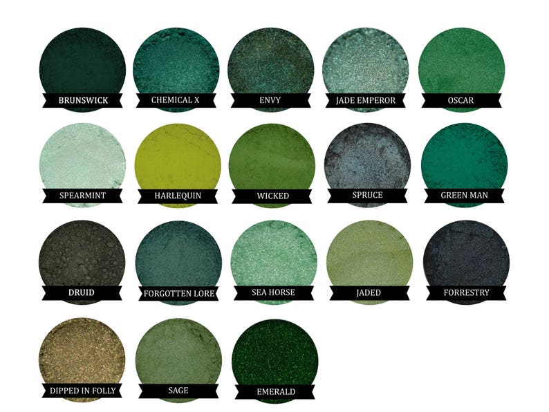 May include: A collection of 18 eyeshadows in various shades of green, including Brunswick, Chemical X, Envy, Jade Emperor, Oscar, Spearmint, Harlequin, Wicked, Spruce, Green Man, Druid, Forgotten Lore, Sea Horse, Jaded, Forestry, Dipped in Folly, Sage, and Emerald.