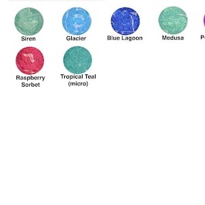 May include: A collection of ten different glitter nail polishes in various colors, including pink, blue, green, and purple. The names of the colors are listed below each polish.