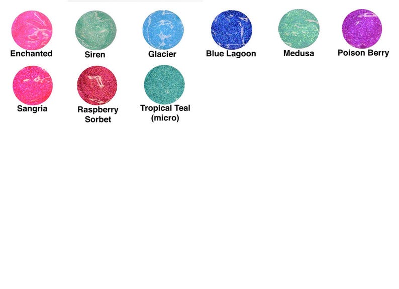 May include: A collection of ten different glitter nail polishes in various colors, including pink, blue, green, and purple. The names of the colors are listed below each polish.