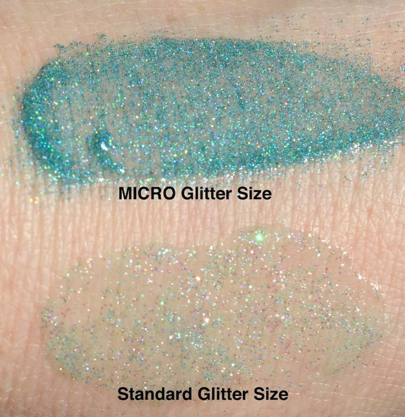 May include: Close-up of two swatches of glitter on skin. The top swatch is labeled "MICRO Glitter Size" and shows fine glitter. The bottom swatch is labeled "Standard Glitter Size" and shows larger glitter.