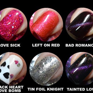 May include: A collection of six nail polish swatches. The colors include a bright pink with glitter, a vibrant red, a dark purple with shimmer, a white with black and pink hearts, silver glitter, and a deep purple with shimmer. Each swatch has a name.