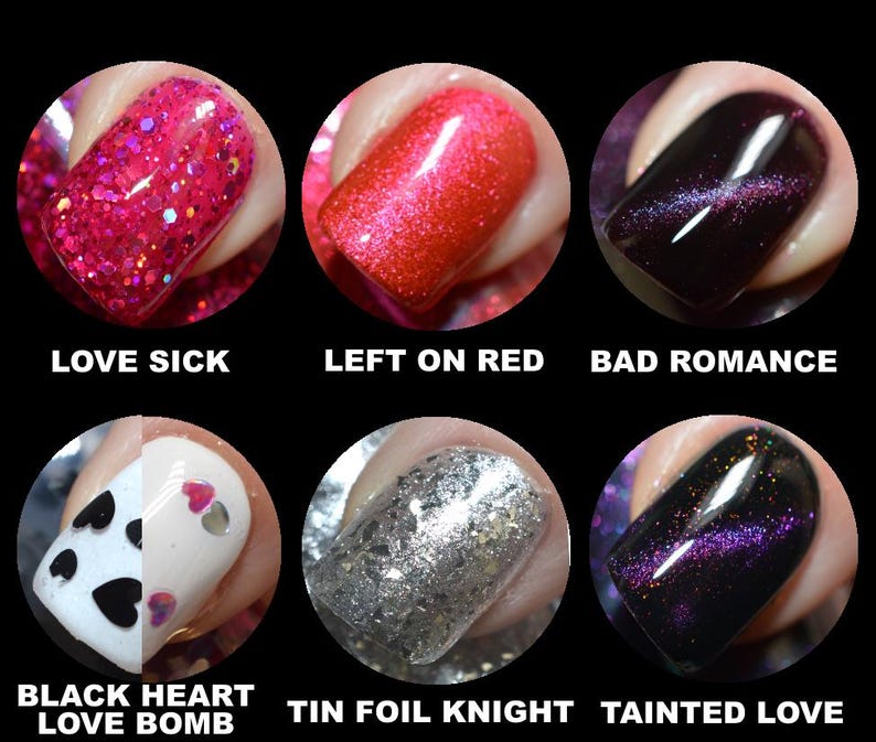 May include: A collection of six nail polish swatches. The colors include a bright pink with glitter, a vibrant red, a dark purple with shimmer, a white with black and pink hearts, silver glitter, and a deep purple with shimmer. Each swatch has a name.