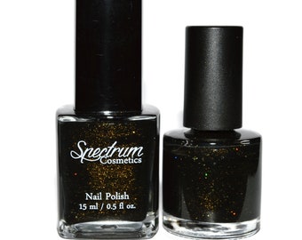 THE WAR MAIDEN Leo Nail Polish Black with golden Shimmer and Holo Flakes Black Zodiac Collection