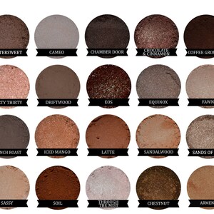 May include: A palette of 18 eyeshadows with names like Bittersweet, Cameo, Chamber Door, Chocolate & Cinnamon, Coffee Grounds, Dirty Thirty, Driftwood, EOS, Equinox, Fawn, French Roast, Iced Mango, Latte, Sandalwood, Sands of Time, Sassy, Soil, Through the Mist, Chestnut, and Armenia.