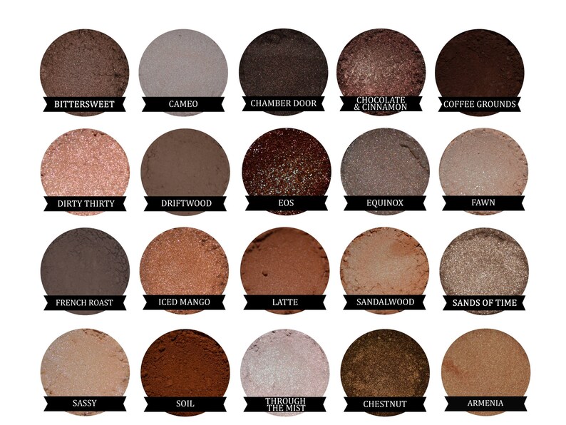 May include: A palette of 18 eyeshadows with names like Bittersweet, Cameo, Chamber Door, Chocolate & Cinnamon, Coffee Grounds, Dirty Thirty, Driftwood, EOS, Equinox, Fawn, French Roast, Iced Mango, Latte, Sandalwood, Sands of Time, Sassy, Soil, Through the Mist, Chestnut, and Armenia.