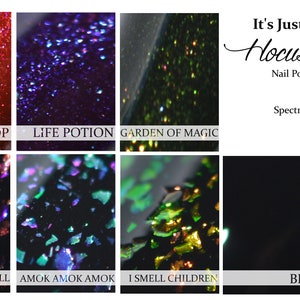 May include: A collection of six nail polishes with different glitter finishes. The polishes are labelled "Trollop", "Life Potion", "Garden of Magic", "Firefly From Hell", "Amok Amok Amok", "I Smell Children", and "Binx". The collection is called "It's Just a Bunch of Hocus Pocus" by Spectrum Cosmetics.