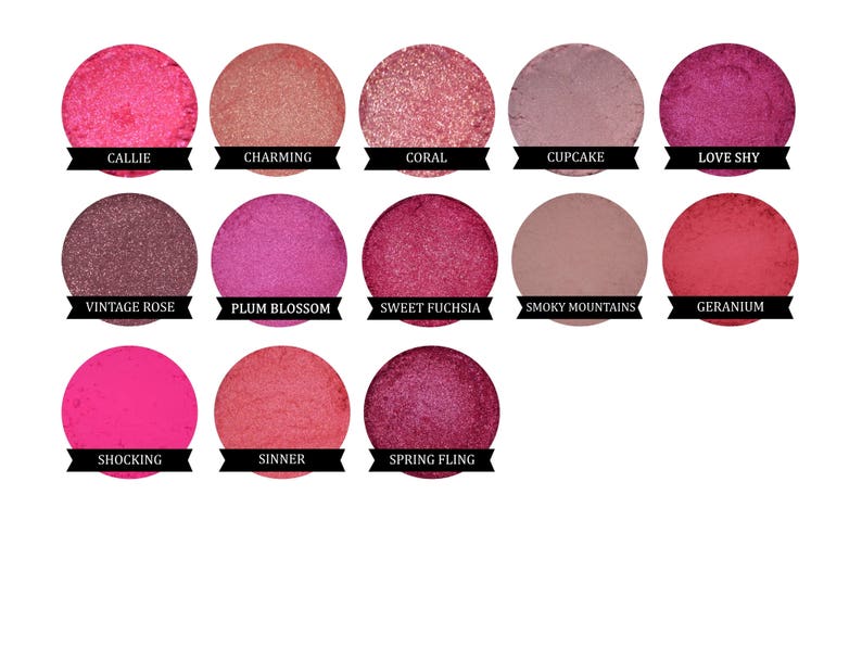 May include: Twelve round eyeshadows in a variety of pink, red, and coral shades. The names of the shades are listed below each eyeshadow.