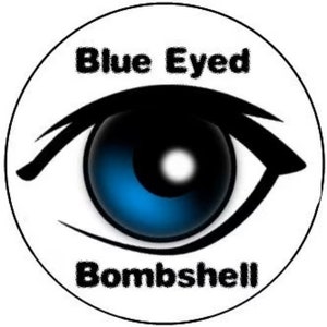 May include: A black and white illustration of a blue eye with the text "Blue Eyed Bombshell" above and below the eye.