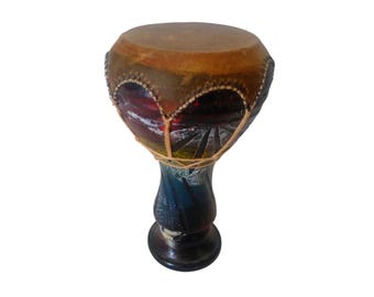 Vintage Miniature Clay Darbuka Drum — Hand-Carved Terracotta Doumbek with Rawhide Leather Head, Ethnic Percussion Instrument, Boho Decor