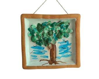 Hand-Painted Ceramic Wall Plaque Italy | Brutalist Art, Tree and Sky "Marta" | Rustic Folk Art with Terracotta Frame | Botanical Art Style