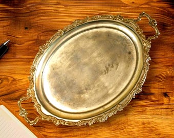 Antiek verzilverd dienblad, Italiaans handgemaakt metalen dienblad, eerste patina vintage zilveren dienblad, antiek handgemaakt verzilverd dienblad